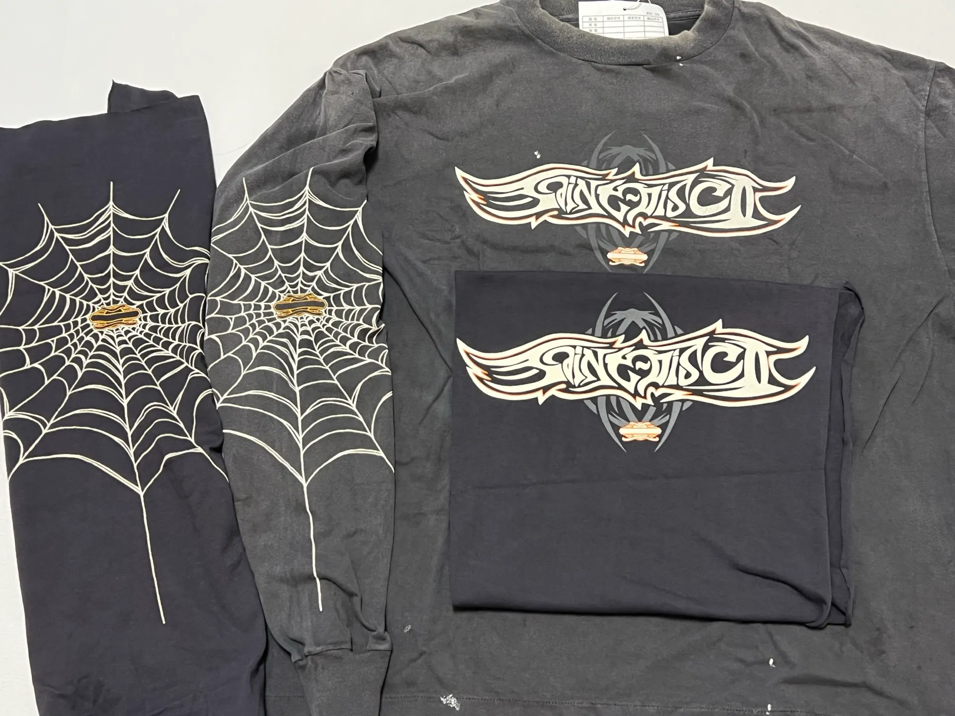 Authentic level printing technology SAINT Mxxxxxx × TEFLON DISCO ML_LS TEE/INSANITY/BLK Spider web INSANITY distressed long sleeves washed black S-XL